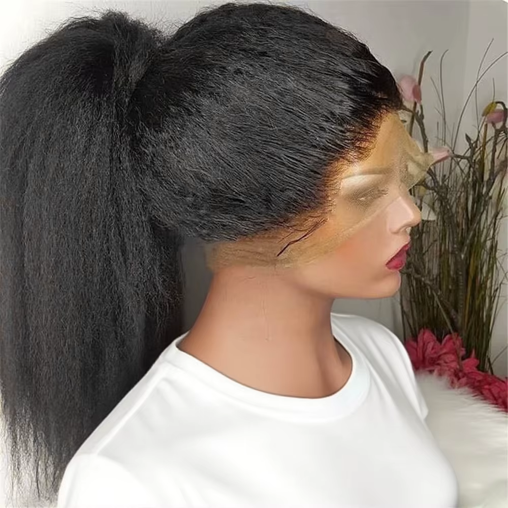 250% Kinky Straight Perruque Yaki Sans Colle 360 Natural Yaki Straight Wig Invisible Sangle Perruque