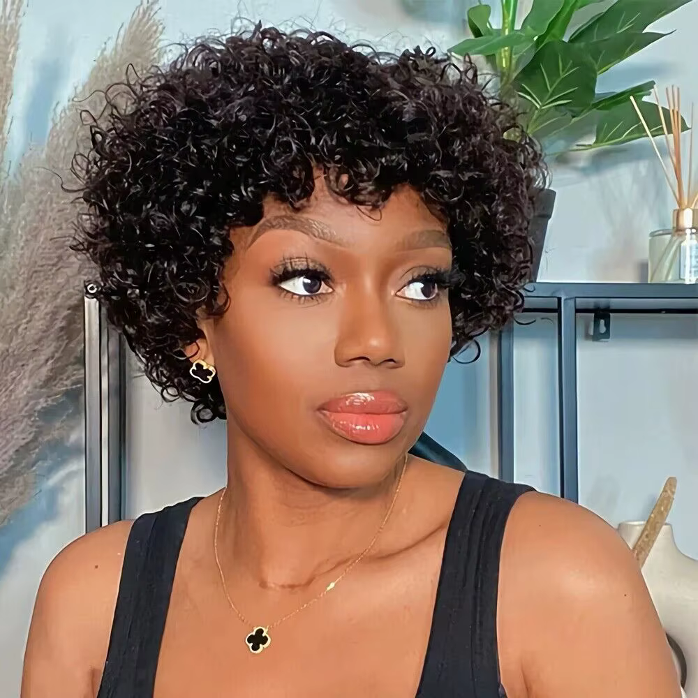 Perruque courte Pixie Afro crépue bouclée perruque Bob brune naturelle avec frange perruques de chev