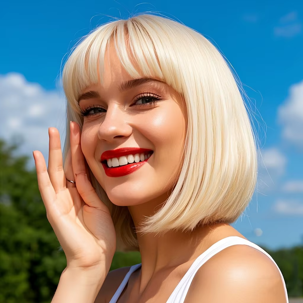 Charmante perruque courte bob, entièrement fabriquée à la machine, cheveux blonds 613 avec frange, c