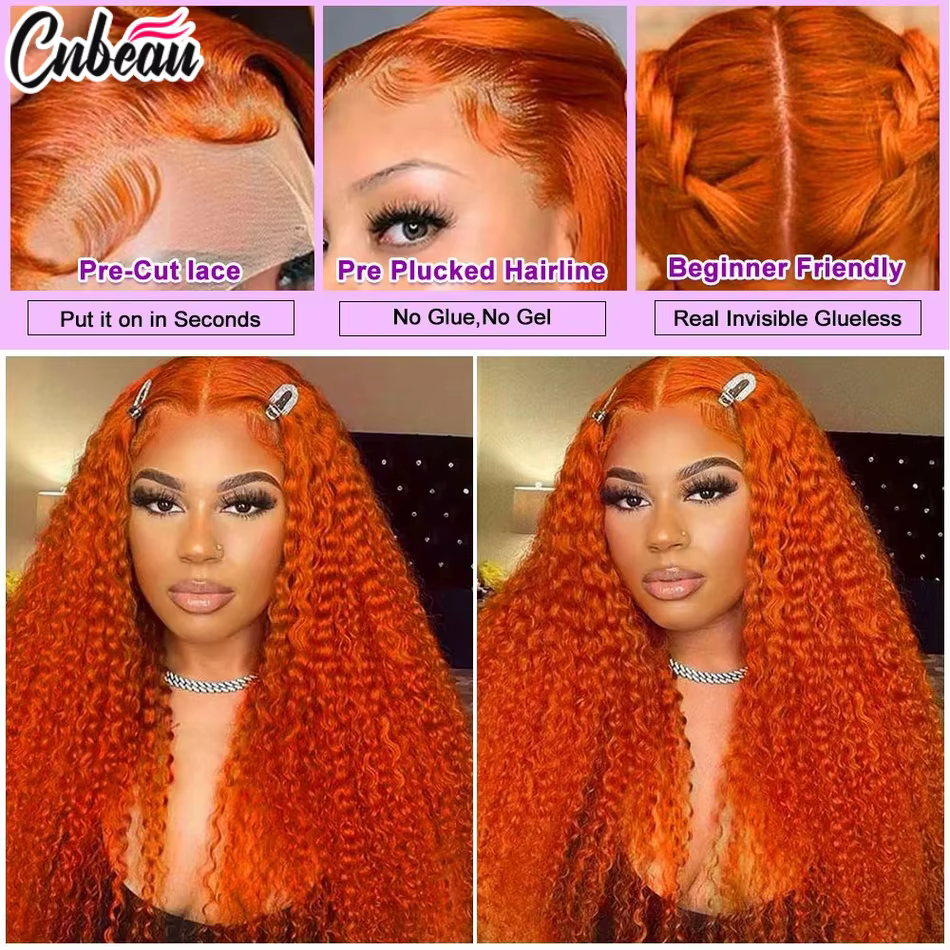 Perruques Lace Front HD Deep Wave en Cheveux Humains de 30 Pouces 13x6/13X4, Perruque Bouclée Orange