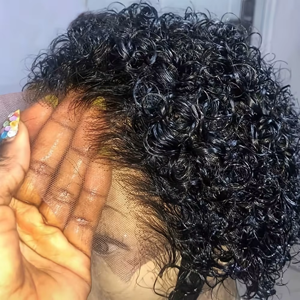 Perruque courte bouclée avec dentelle frontale, cheveux ondulés réalistes, mélange de cheveux humain