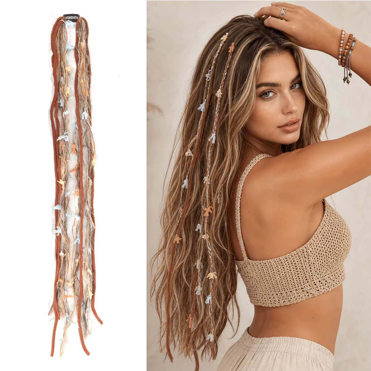 Extensions de cheveux synthétiques à clipser, style dreadlocks, effet bohème effilé et fin, pour fem