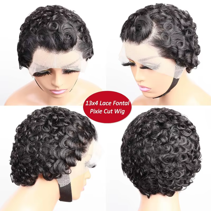Perruque Lace Front Wig naturelle bouclée, coupe Pixie, 13x4, cheveux courts, sans colle, pre-plucke