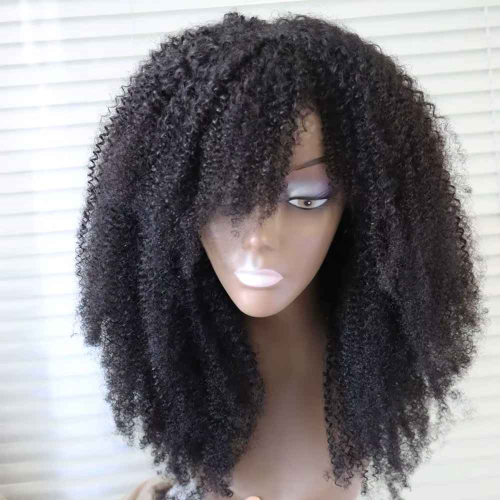 Perruque en cheveux humains vierges brésiliens bouclés afro, fabriquée à la machine, avec frange et 