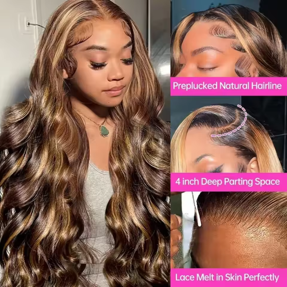 Perruques Body Wave P4/27 à 220 % de densité, avec mèches colorées, en dentelle transparente HD 13x4