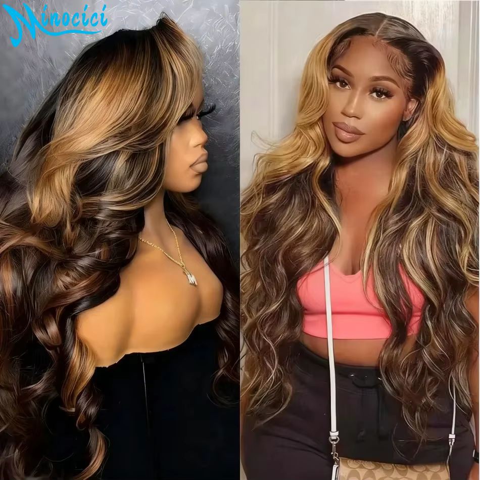 Perruques Ombrées Highlight Body Wave en Cheveux Humains, Perruque Frontale HD Lace 13x4 13x6, Densi