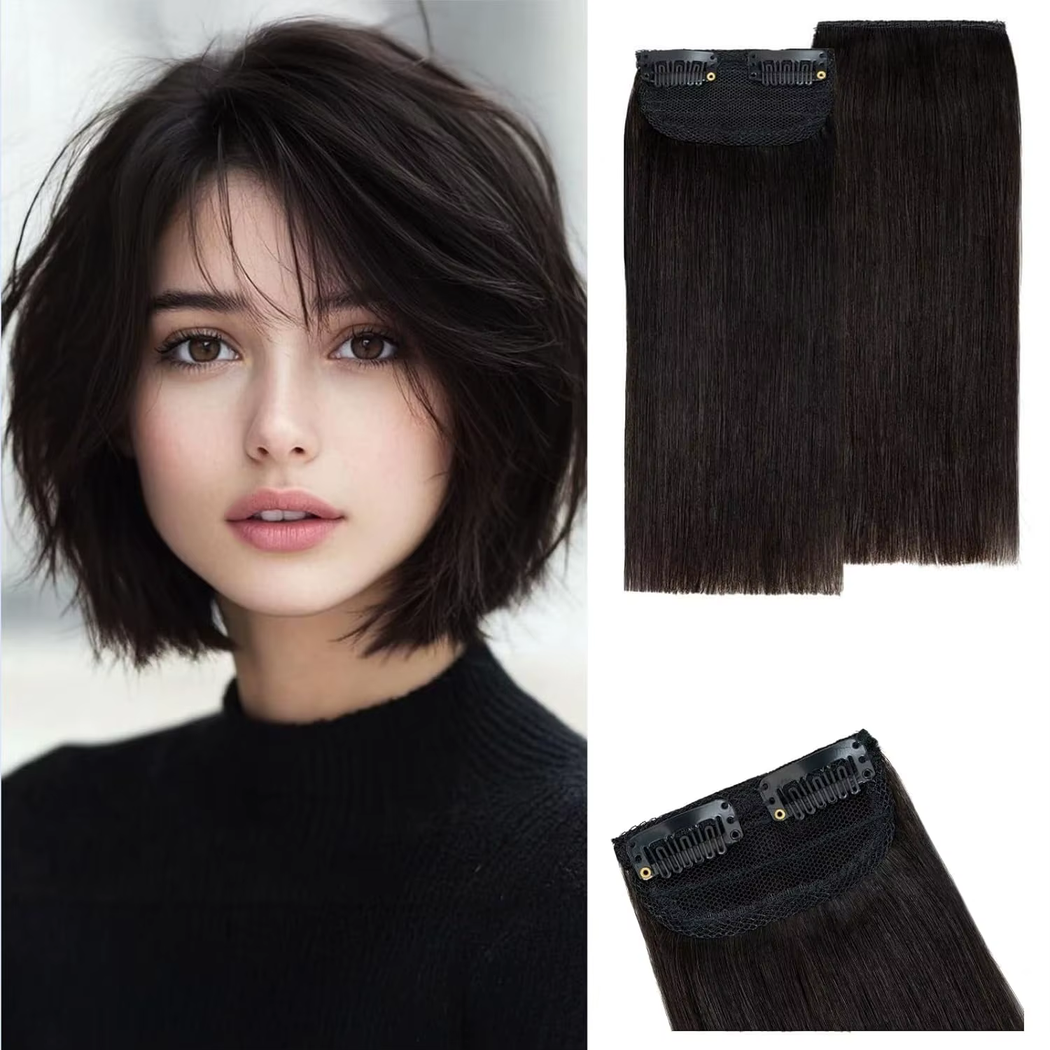 Extensions à clipser en cheveux humains véritables - 5 pièces, design à clip unique - 100% cheveux R