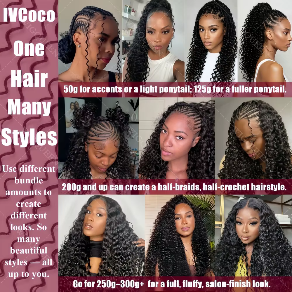 Extensions de cheveux humains au crochet 12A Water Wave, à fil invisible, Deep Wave, effet plume, po