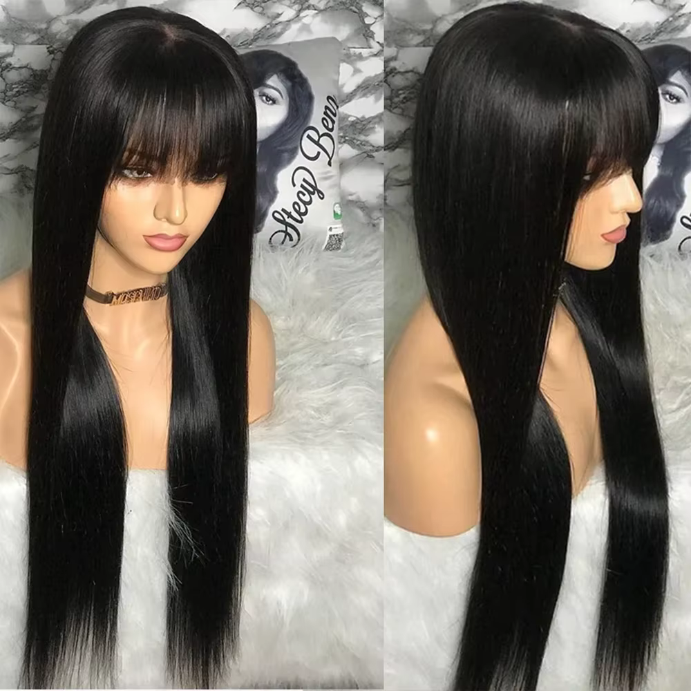 Perruque Lace Wig naturelle lisse avec frange, cheveux humains, partie centrale 3x1, bon marché, ent