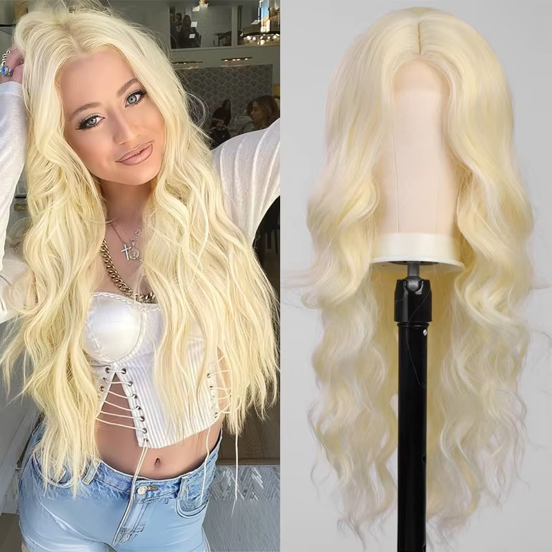 Best-seller nouvelle mode midsection perruque femmes longs cheveux blonds bouclés fibre synthétique 