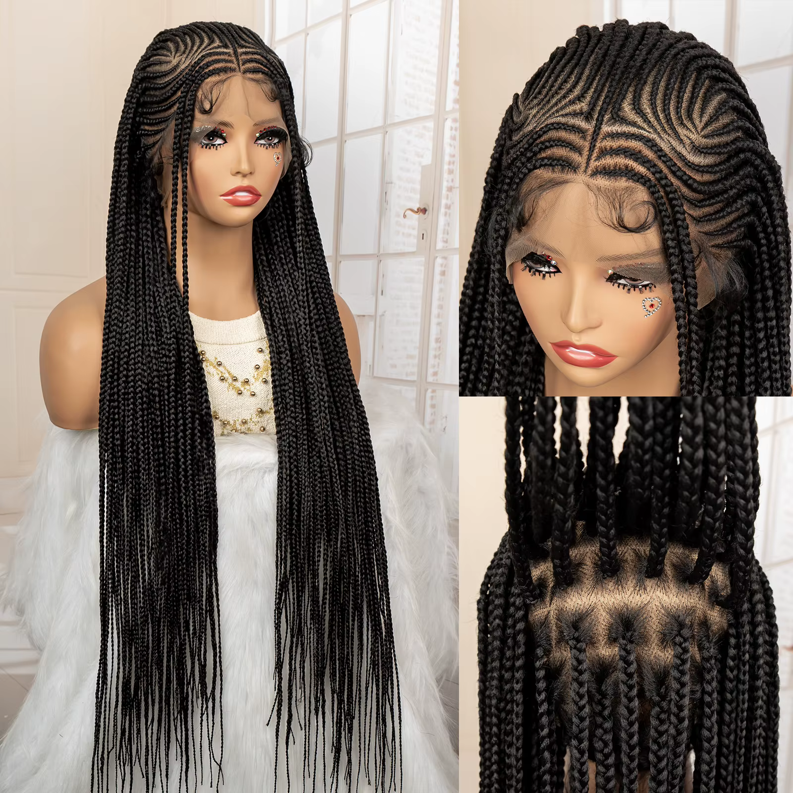 Perruques de cheveux tressés africains synthétiques pleine dentelle Cornrow sans noeuds boîte tressa
