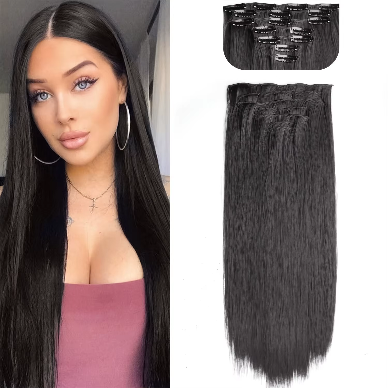 Coiffure longue droite 16 Clips 7 pièces/ensemble Extensions de cheveux naturel synthétique Blonde n