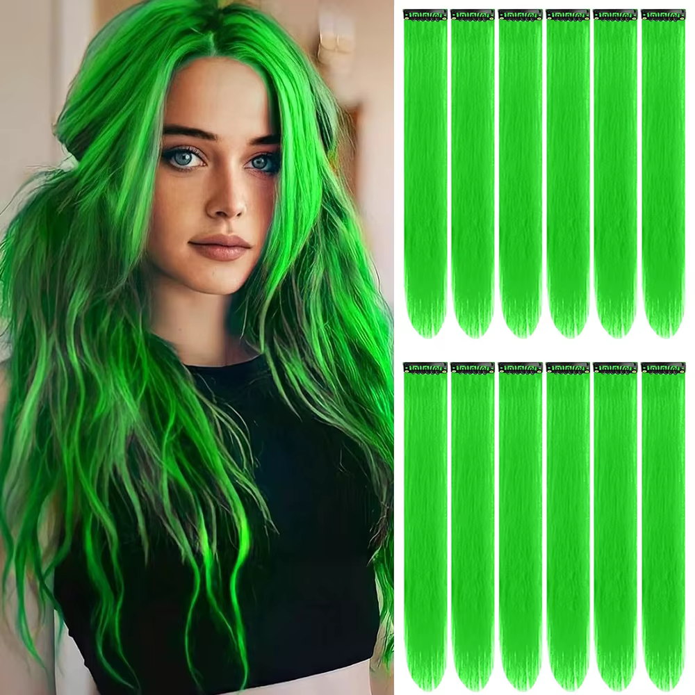 Extensions de cheveux vertes à clipser, 12 pièces, extensions colorées pour enfants et filles, posti