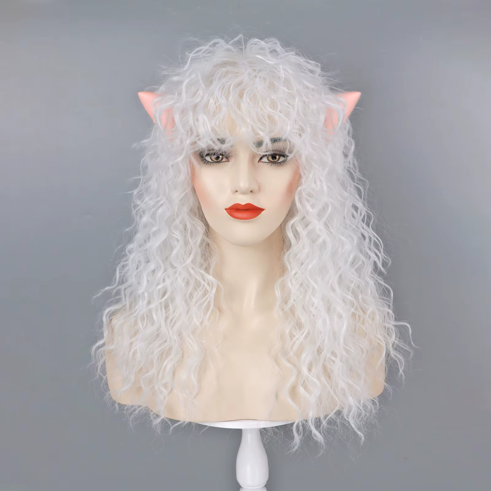 Perruque bouclée blanche et oreilles d'elfe pour femmes, Costume longue bouclée avec frange, Cosplay