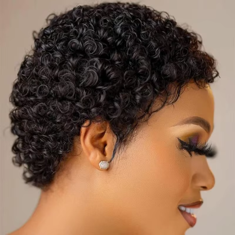 Perruques courtes crépues bouclées cheveux humains coupe lutin cheveux humains brésiliens pour les f