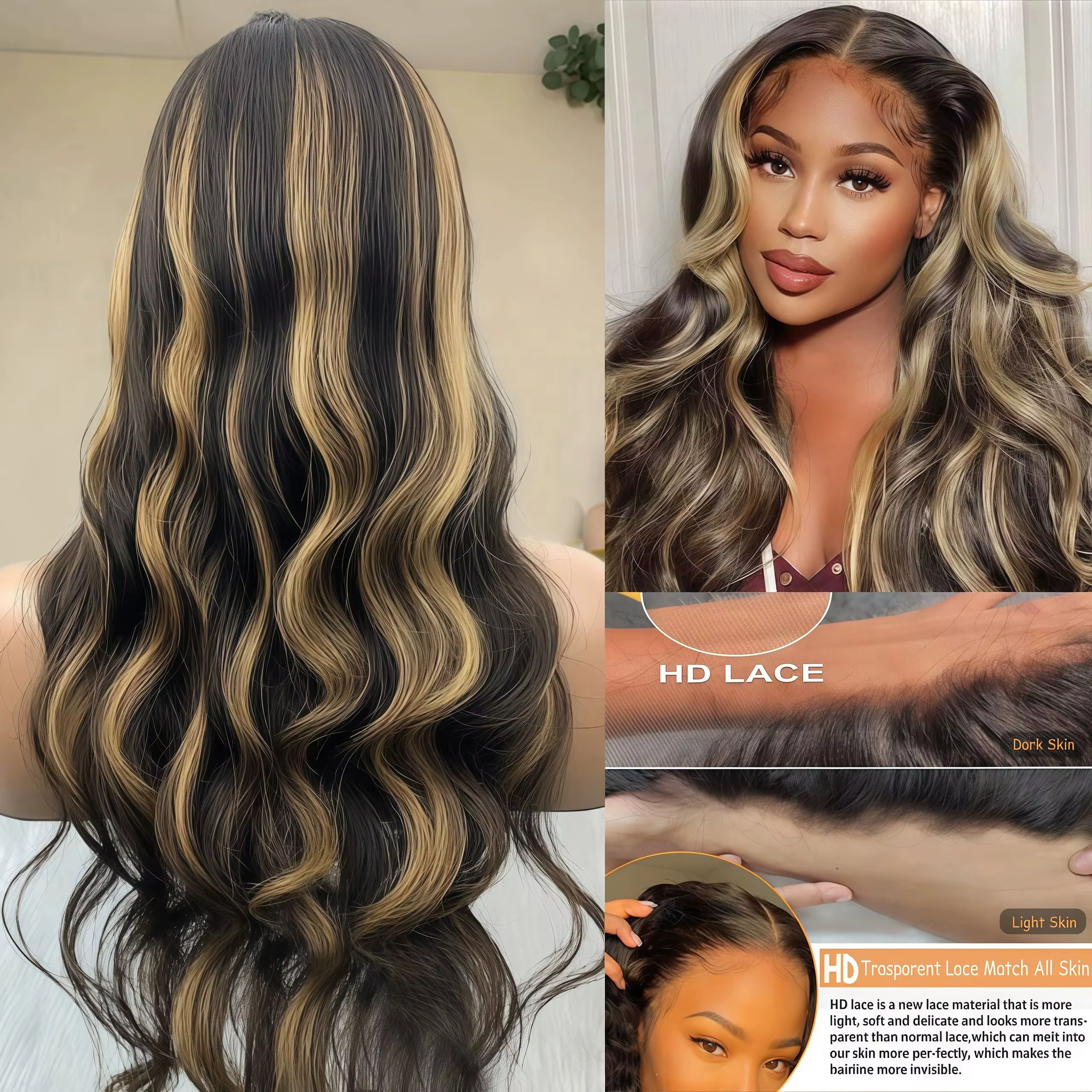 Perruque Body Wave Roxane P1B/27 en cheveux humains, 26-30 pouces, avec dentelle frontale HD 13x4, o