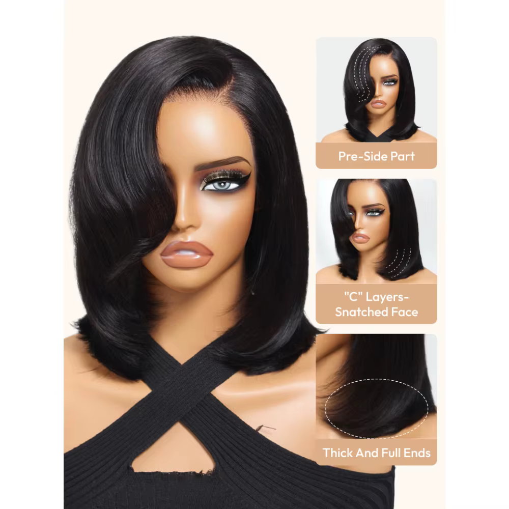 UNice Bye-Bye Knots ™ Perruque Bob à couches avec raie latérale en dentelle 7x5, frange latérale,