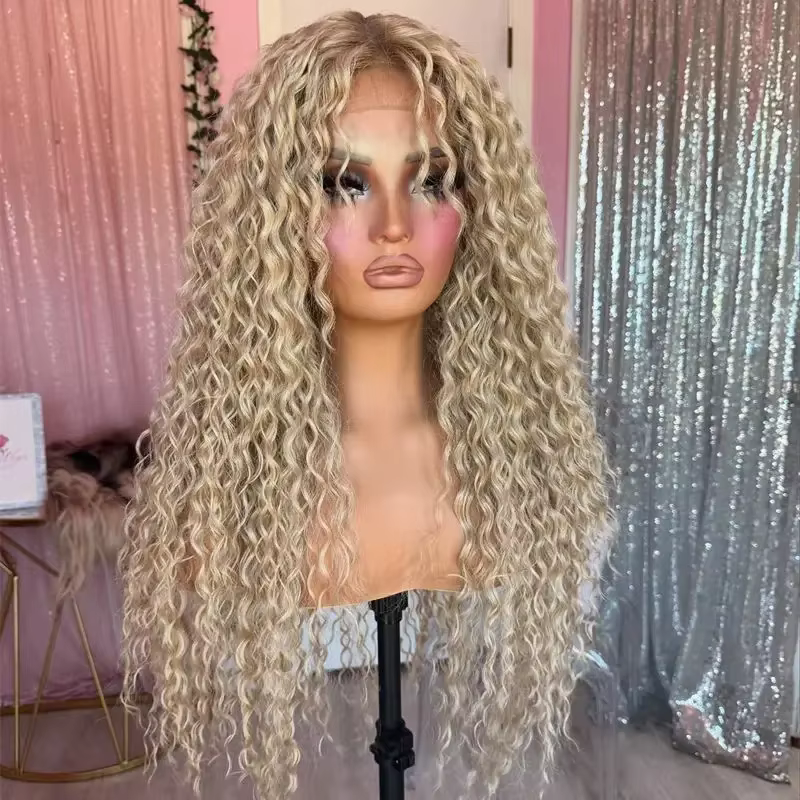 Perruque synthétique à dentelle frontale 13x4, ombrée blonde, 28 pouces de long, bouclée profonde, m
