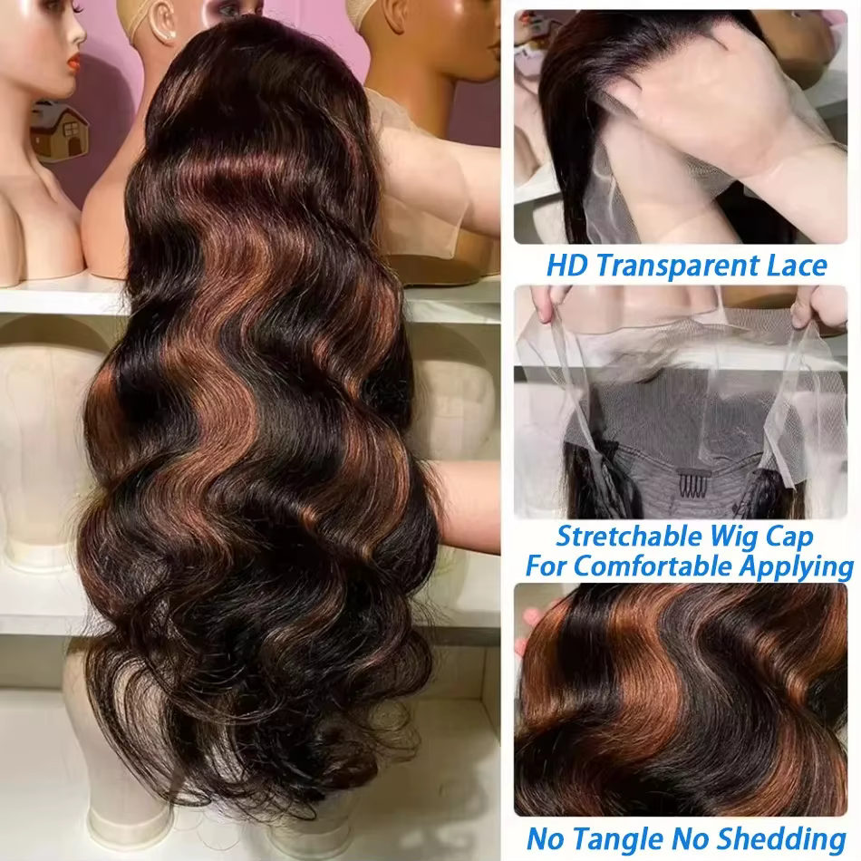 Perruque en cheveux humains ondulés avec mèches ombrées, dentelle HD 13x4, bouclée, couleur 1B/30 No