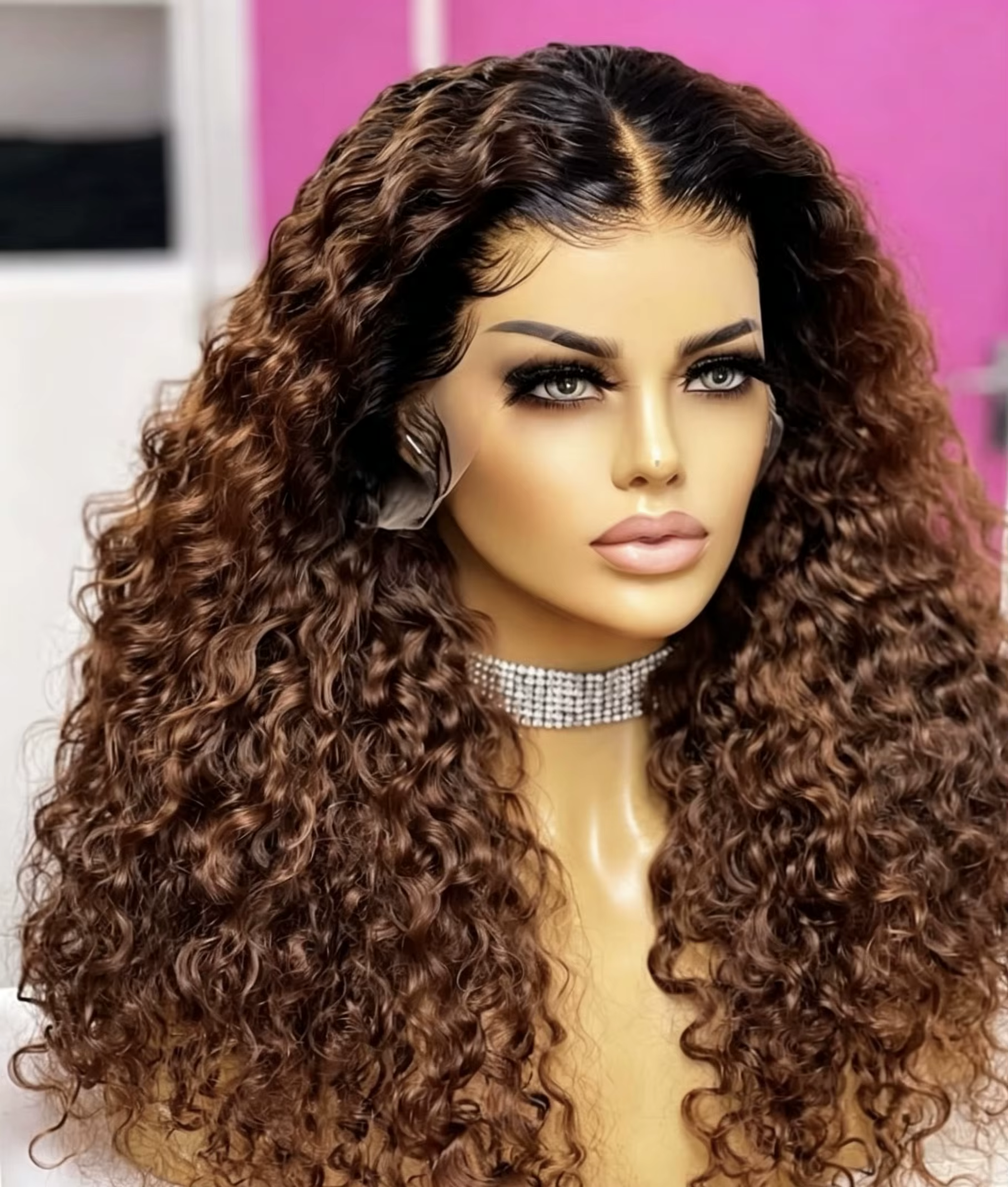 Perruque frontale en dentelle HD, cheveux bouclés doux ombrés marron naturel de 26 pouces, résistant