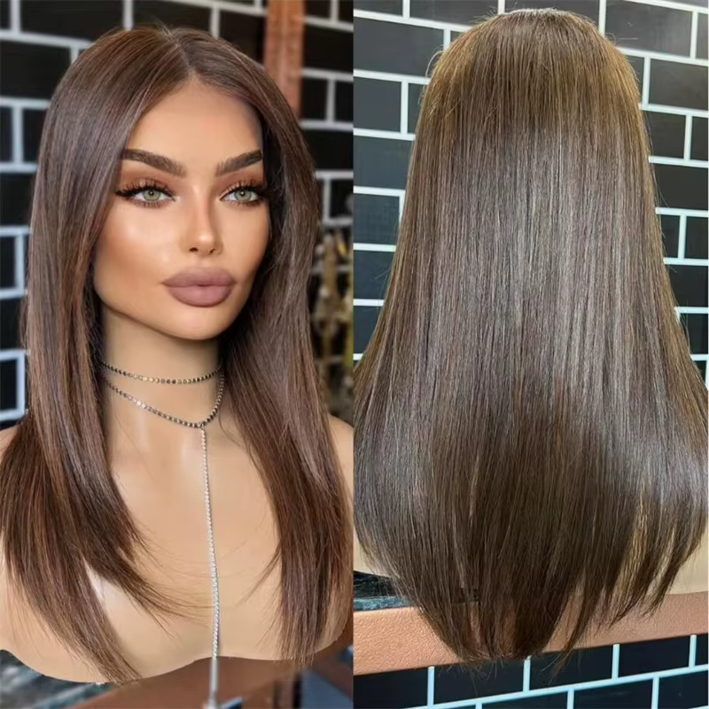 Perruque sans colle, bonnet petit et grand, marron avec mèches blondes, perruque frontale en dentell