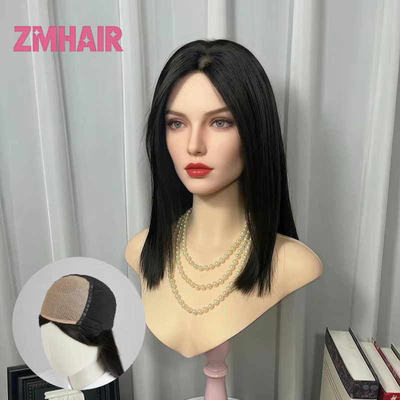 Perruque à base de soie nouée à la main avec bordure en PU, cheveux Remy européens, aspect cuir chev