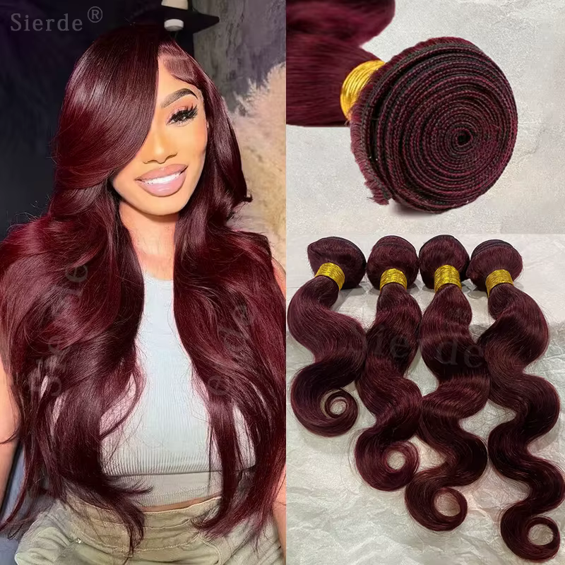 Extensions de Cheveux Humains Bruts 100% Non Traités 16A, Bundles Ondulés Bourgogne 99j, Lot de 3 ou