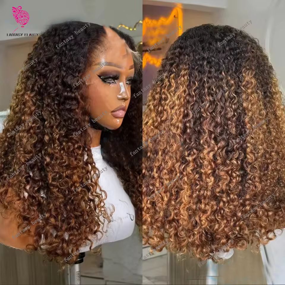 Ombre miel blond Afro crépus bouclés indien 100% cheveux humains réglable sans colle U partie perruq