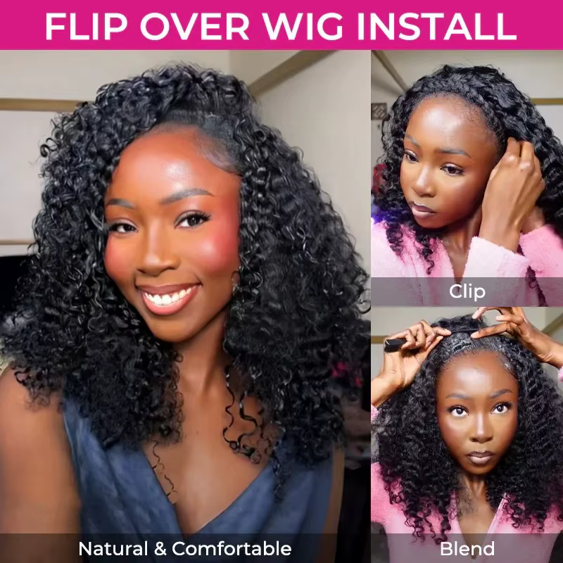 Perruque sans colle 250% en cheveux humains, afro bouclés crépus, avec bandeau, mise à niveau 3 en 1