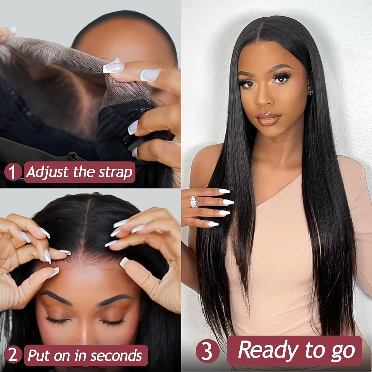 Wear And Go – perruque Lace Closure Wig brésilienne sans colle, cheveux lisses, pre-plucked, 4x4, pr