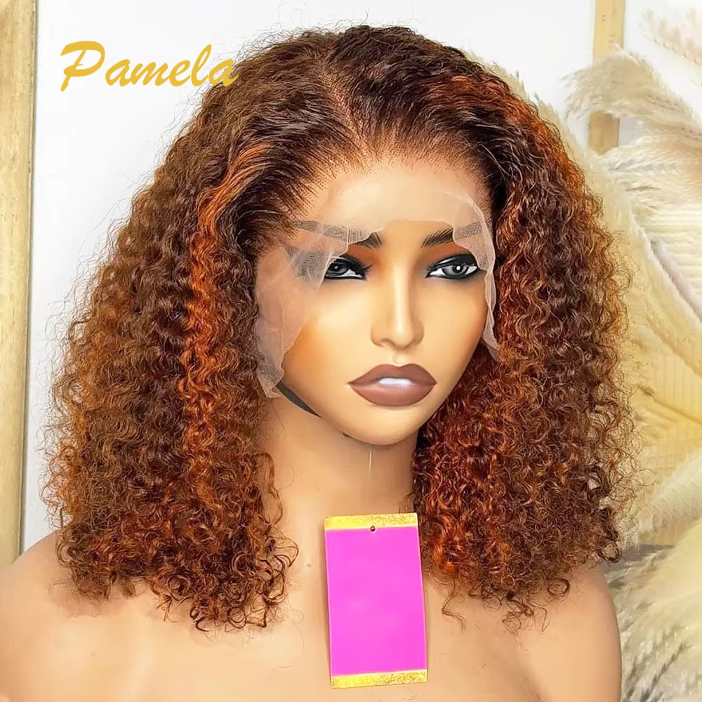 Perruque Lace Frontal Wig naturelle brésilienne bouclée à reflets blonds, sans colle, couleur marron