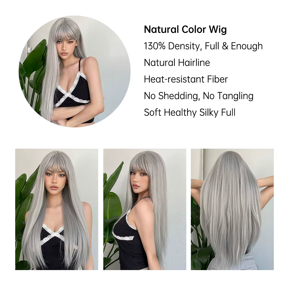 Perruques synthétiques longues et lisses gris cendré argenté, cheveux naturels Lolita Cosplay avec f