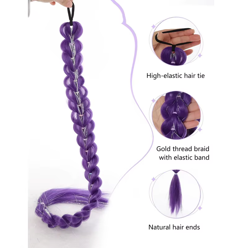 Queue de cheval synthétique tressée violette de 32 pouces avec paillettes, extensions super brillant