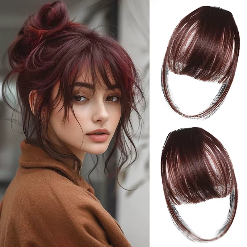 △ Frange synthétique postiche naturelle, extension de cheveux, postiche frontal noir et marron à cli