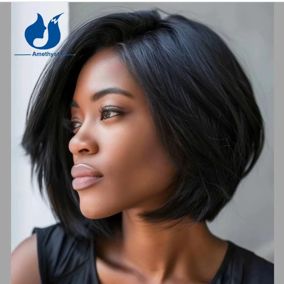ALANDING YST − Perruque naturelle courte, avec bonnet en dentelle, cheveux lisses, 13x6, coupe pixie