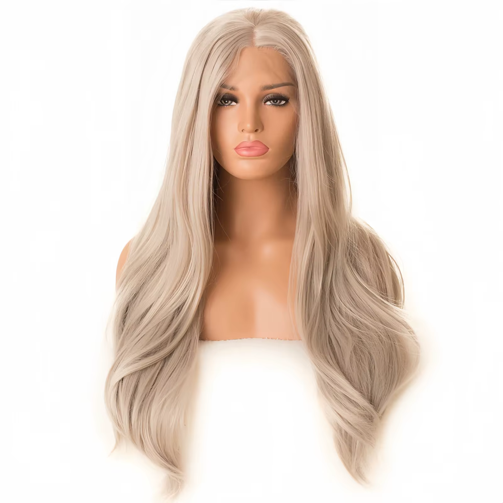 Perruque synthétique longue ondulée Blonde cendrée avec raie centrale, perruque bouclée gris clair e