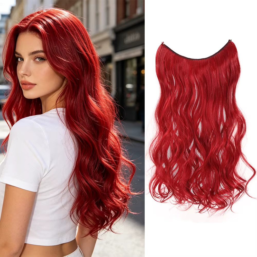 Extensions de cheveux synthétiques invisibles de 26 pouces, bouclées, couleur bordeaux, sans clip, p
