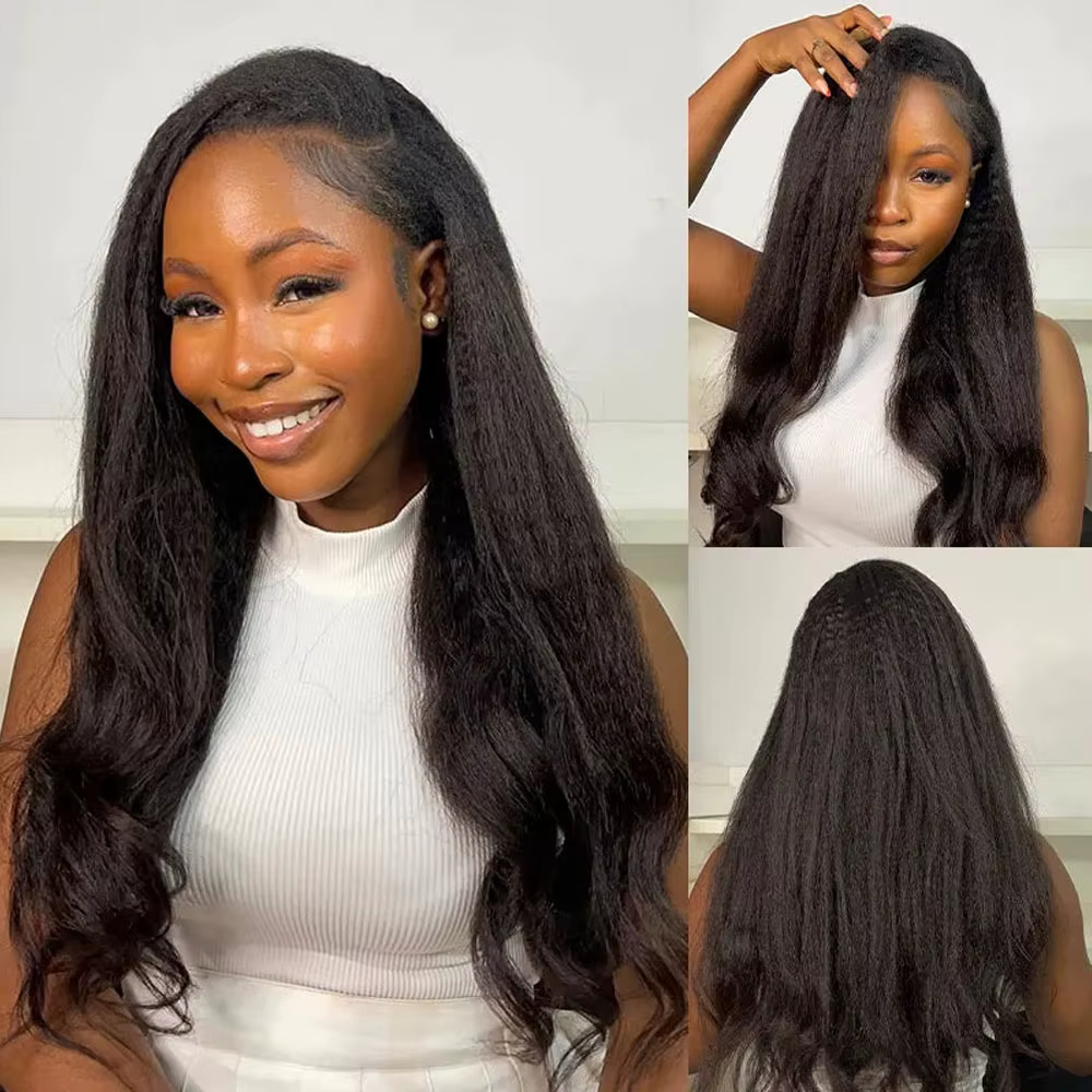 Demi-perruque vietnamienne sans colle, cheveux crépus lisses 3 en 1, avec cordon de serrage, cheveux