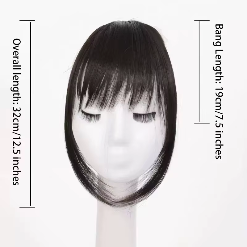 Frange synthétique à clipser, coupe effilée avec pattes de cheveux, brun foncé, aspect naturel pour