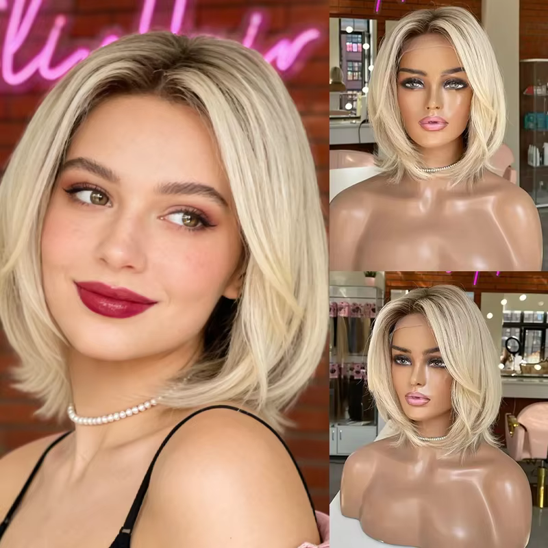 Perruque Bob transparente invisible, ombrée brun-blond avec racines foncées, perruque de fête, perru