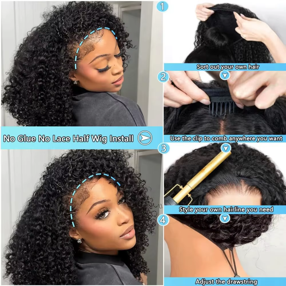 Demi-perruque bouclée crépue 220 % de densité, cheveux Remy, perruques bouclées en cheveux humains, 