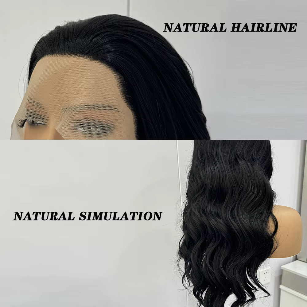 Perruques Lace Front synthétiques noires pour femmes, cheveux longs, corps ondulé, fibre de degré de