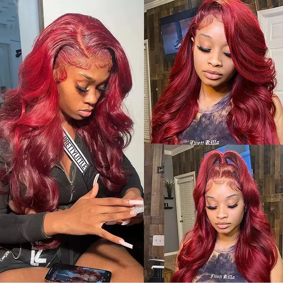 Perruque Lace Front Wig Body Wave naturelle Remy, cheveux humains, couleur bordeaux, 13x4, HD, 99J,