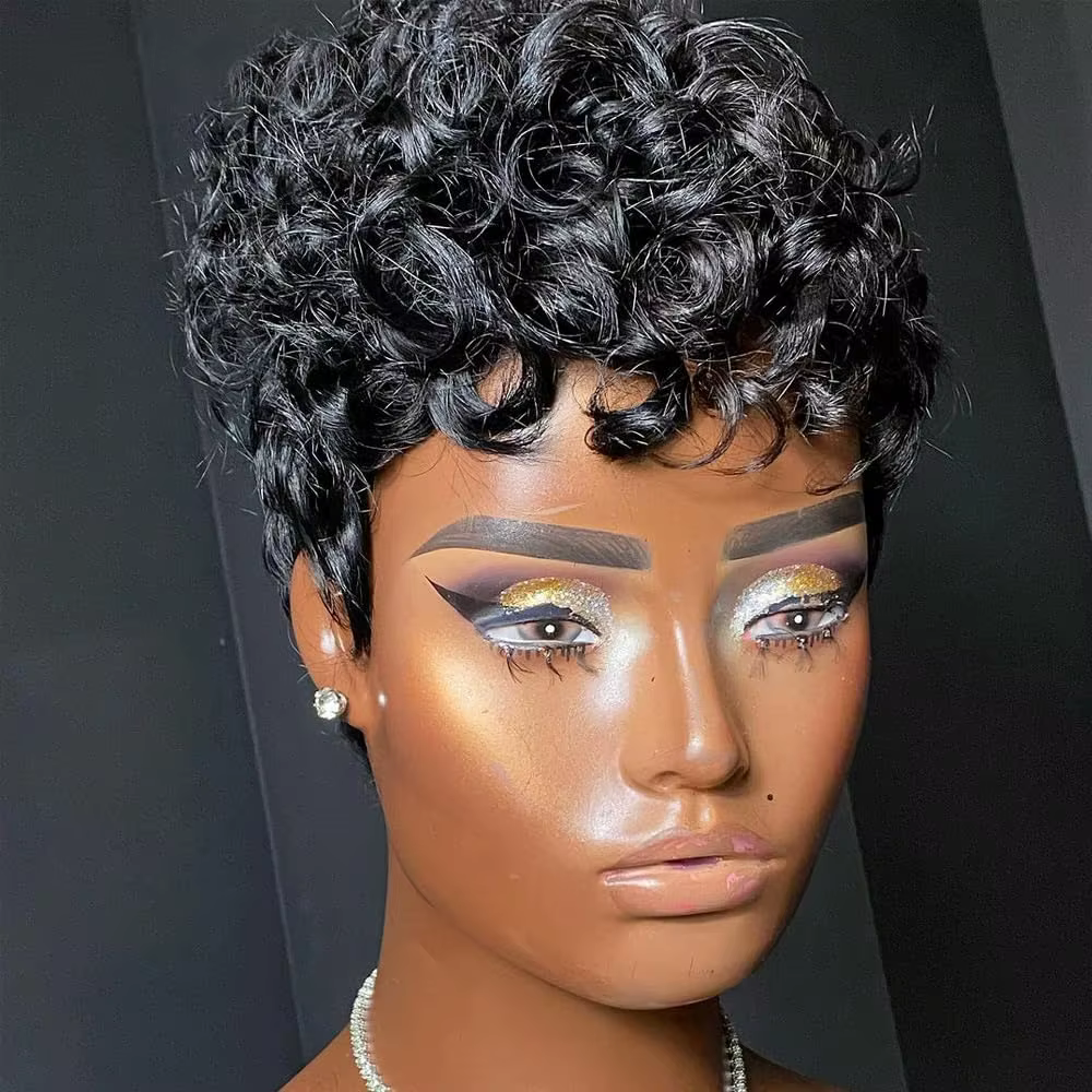 Hort Pixie perruques pour les femmes noires courtes noires bouclés Pixie perruques cheveux synthétiq