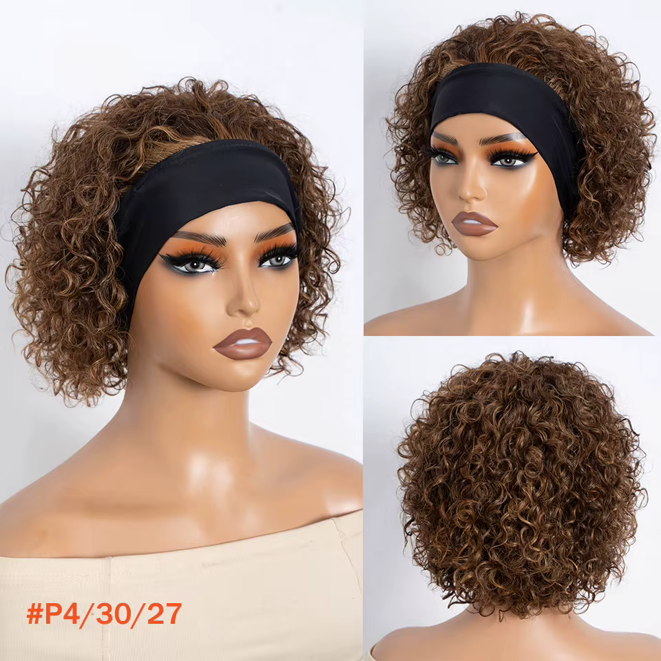 Perruque bandeau en cheveux humains bouclés, perruques brunes à enfiler, perruques bandeau sans coll