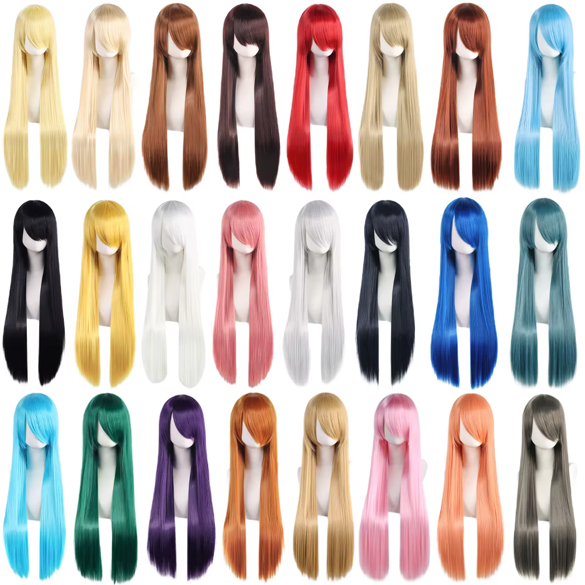 Perruques de Cosplay synthétiques blanches violettes de 80cm de Long, cheveux verts lisses argentés,