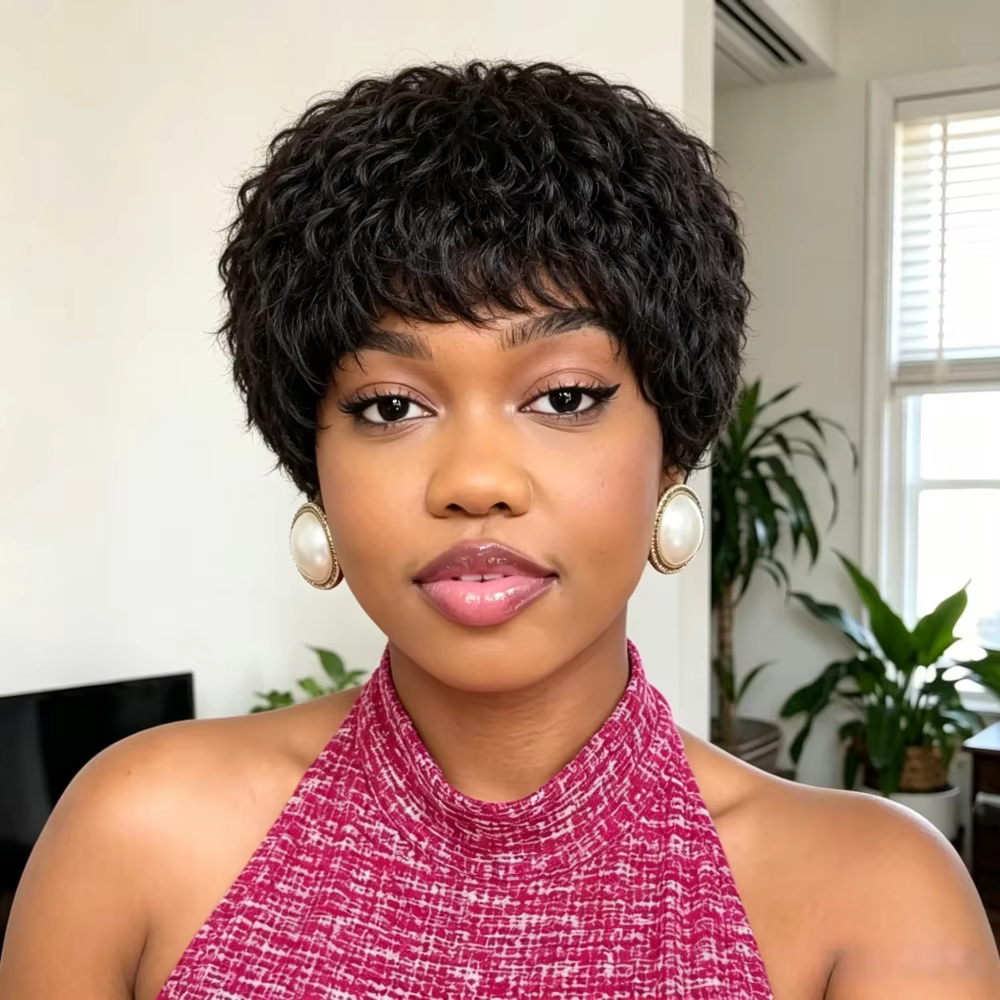 Perruques courtes en cheveux humains, coupe pixie, lisses et crépues, pour femmes, entièrement fabri