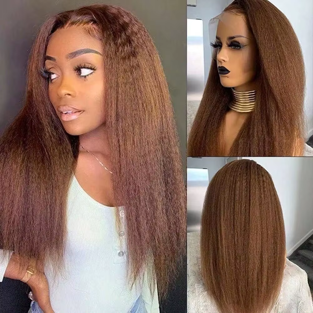 Perruques de cheveux humains crépus lisses brun chocolat 200% densité 13x6 perruque frontale en dent
