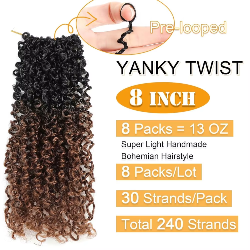 Yanky Twist Crochet Hair pour femmes noires, cheveux synthétiques pré-bouclés, cheveux au crochet ma