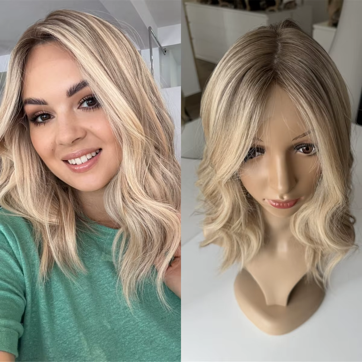 Perruque Lace Frontale Synthétique Bob Cheveux Doux 13x4 Raie Centrale Ondulée Blond Cendré Naturel